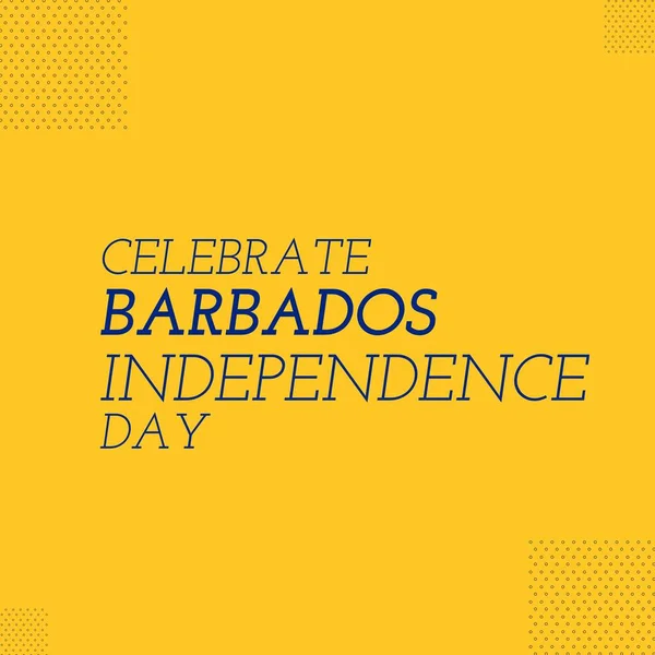 Image of barbados independence day text over blue pattern on yellow background. Barbados independence day celebration concept.