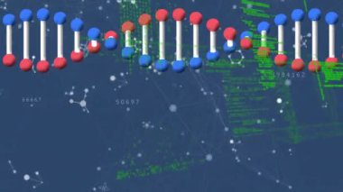 Veri işleme üzerindeki DNA iplikçiklerinin animasyonu. küresel iş ve dijital arayüz kavramı dijital olarak oluşturulmuş video.