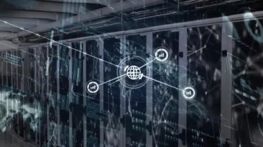 Sunucu odasındaki simgeler ve veri işleme ağı animasyonu. küresel bağlantılar, bilgisayar ve dijital arayüz konsepti dijital olarak oluşturulmuş video.