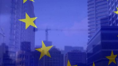 Composite video of european union flag waving against tall buildings. European union and business concept