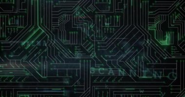 Animation of cyber security data processing over microprocessor connections against black background. Cyber security and business technology concept
