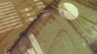 Animation of statistical data processing over aerial view of farm fields. Global business and agriculture concept
