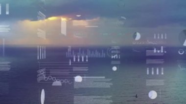 Animation of infographic interface over scenic view of seascape and horizon against sky at sunset. Digital composite, multiple exposure, hologram, database, technology, nature and scenery concept.