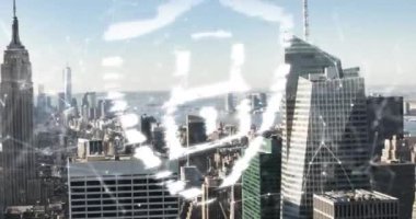 Animation of shield padlock and moving digital lines and dots connections over modern cityscape. Hologram, digitally generated, multiple exposure, cyber security, technology, building. Futuristic.