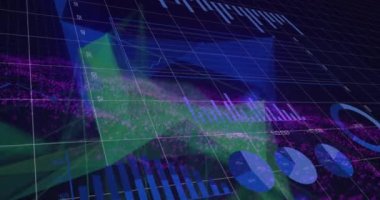 Animation of financial data processing over shapes on black background. Global technology, connections and digital interface concept digitally generated video.