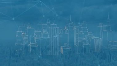Şehir manzarası üzerindeki bağlantı ağının animasyonu. küresel iş ve dijital arayüz kavramı dijital olarak oluşturulmuş video.