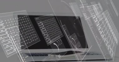 Animation of data processing over laptop. Global business and digital interface concept digitally generated video.