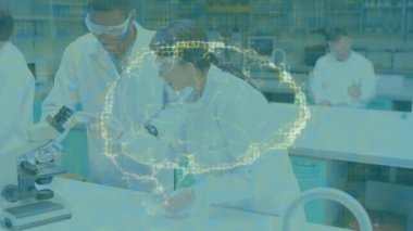 Animation of brain rotating over diverse lab workers with microscope. Science, medicine and laboratory concept digitally generated video.