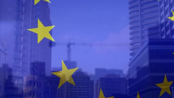 Composite Video European Union Flag Waving Tall Buildings European Union — Stockvideo