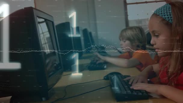 Animation Data Processing Binary Coding Caucasian Girl Using Computer School — Stock Video