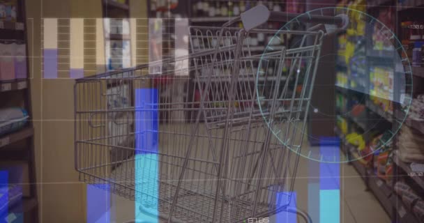 Animation Data Processing World Map Empty Shopping Cart Grocery Store — Vídeo de stock