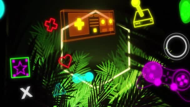 Animation Computer Video Game Icons Hexagon Yellow Neon Palm Leaves — Wideo stockowe