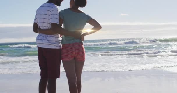 非洲裔美国人夫妇在海滩上的光路动画 生活方式和空闲时间概念数字生成的视频 — 图库视频影像