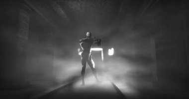 Image of scary zombie mummy walking in dark crypt with burning torches, in black and white. Halloween fear, horror and suspense concept digitally generated image.