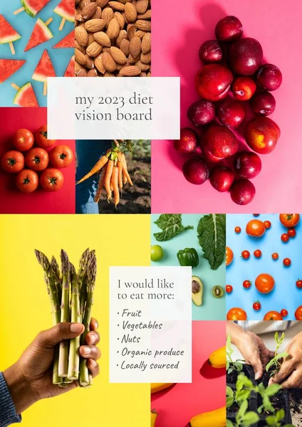 Composition of vision board text over vegetables and fruit. Vision board maker and celebration concept digitally generated image.