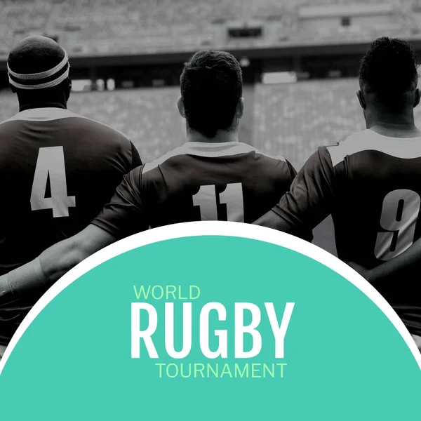 Composition of world rugby tournament text over diverse rugby players. World rugby contest and sport concept digitally generated image.