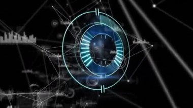 Animation of round scanner over and network of connections and data processing on blue background. Global networking and business technology concept