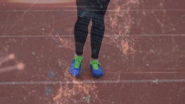 Animation of abstract lines moving over low section of caucasian stretching legs on ground. Digital composite, fitness, sport, working out, sport and active lifestyle concept.