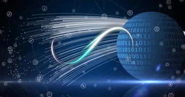 Animation of neon shape over icons and globe. Global business and digital interface concept digitally generated video.