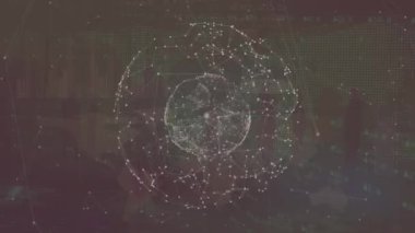 Animation of network of connections over globe of network of connections against grey background. Global networking and business technology concept