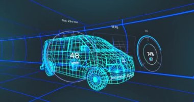 Animation of van wearing over van wearing vr headset at van. Global car industry engineering connections and technology concept digitally generated video.