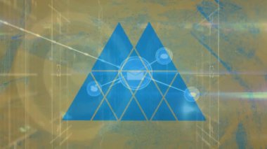 Animation of abstract triangular shapes and network of digital icons against blue background. Global networking and business technology concept