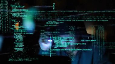 Animation of data processing over caucasian man and light spots. Global connections, computing and digital interface concept digitally generated video.