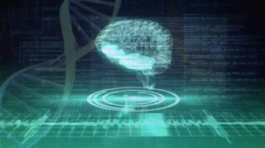 Animation of dna structure and brain spinning over data processing against green background. Medical research and computer interface technology concept