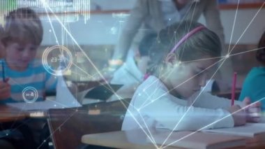 Animation of network of connections over two caucasian girls studying in the class at school. School and education technology concept