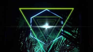 Animation of green neon triangles and white neon hexagon over palm leaves on black background. Communication, data and nightlife, retro future concept digitally generated video.