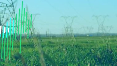 Animation of financial data processing over pylons. Global technology, finances and digital interface concept digitally generated video.