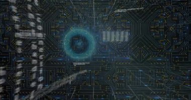 Animation of data processing over microprocessor connections against black background. Cyber security and business technology concept