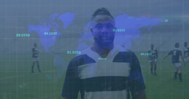 Animation Numbers World Map African American Male Rugby Player Sports — Vídeo de stock