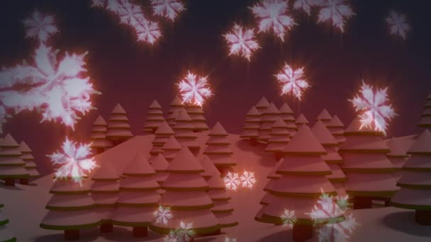Animation Snowflakes Moving Snow Covered Christmas Trees Digital Composite Christmas — Vídeo de stock