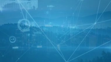 Animation of network of connections over cityscape. Global business and digital interface concept digitally generated video.