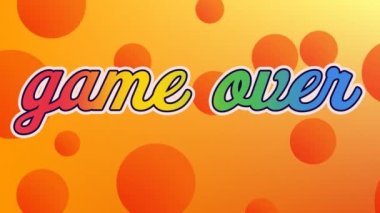 Animation of colorful game over text with circles against orange background. Illustration, the end, arcade, digitally generated, abstract, video game and competition concept.