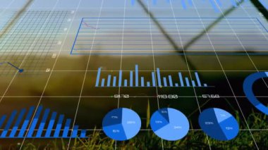 Animation of financial data processing over pylons. Global technology, finances and digital interface concept digitally generated video.