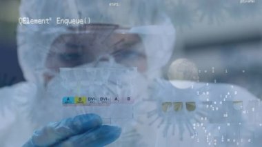 Animation of data processing and virus cells over caucasian male lab worker with sample. Health, science and coronavirus covid 19 pandemic concept digitally generated video.