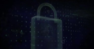 Animation of data processing over security padlock icon against microprocessor connections. Cyber security and business networking technology concept