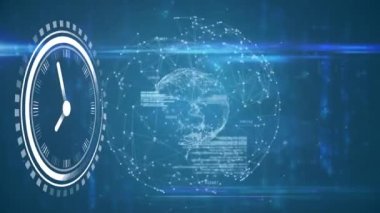Animation of ticking clock and data processing over globe of network of connections spinning. Computer interface and business technology concept