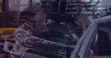 Animation of stock market data processing over crane operating at junkyard. Global economy and recycling technology concept