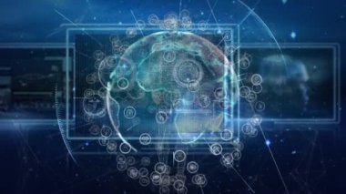Animation of globe with connections over screens with data. Global network, connections and technology concept digitally generated video.