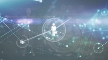 Mavi arkaplanda veri işleme üzerine simgelerle bağlantı ağının animasyonu. Dijital olarak oluşturulmuş küresel bağlantılar, bilgisayar ve dijital arayüz kavramı.