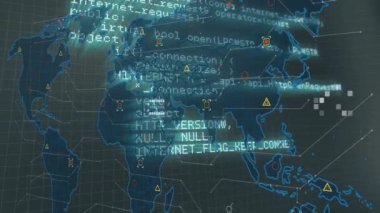 Animation of data processing over world map on black background. Global connections, computing and digital interface concept digitally generated video.