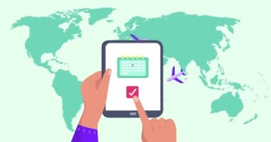 Animation of world map over hands using tablet. Social media, travel and digital interface concept digitally generated video.