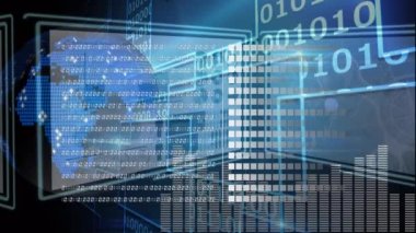 Animation of data processing and graphs over digital screens with diverse data in digital space. Computers, data processing and technology concept digitally generated video.