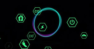 Animation of ecology icons over off button. Global business and digital interface concept digitally generated video.