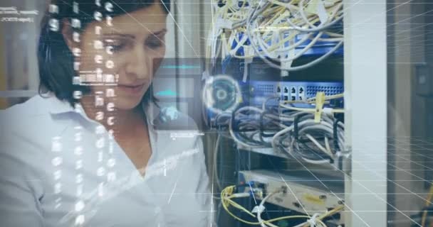 Animation Interface Data Processing Biracial Female Engineer Working Server Room — Stock videók