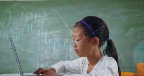 Animation Circles Graphs Moving Asian Girl Studying Laptop Classroom Digital — 비디오