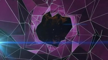 Animation of plexus networks, light spot and digital waves against black background. Technology background concept